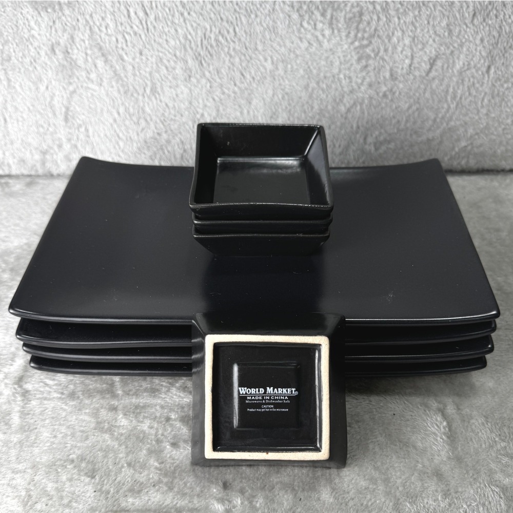 World Market Sushi Matte Black Ceramic Rectangular Plates Set 4 Dipping Bowls